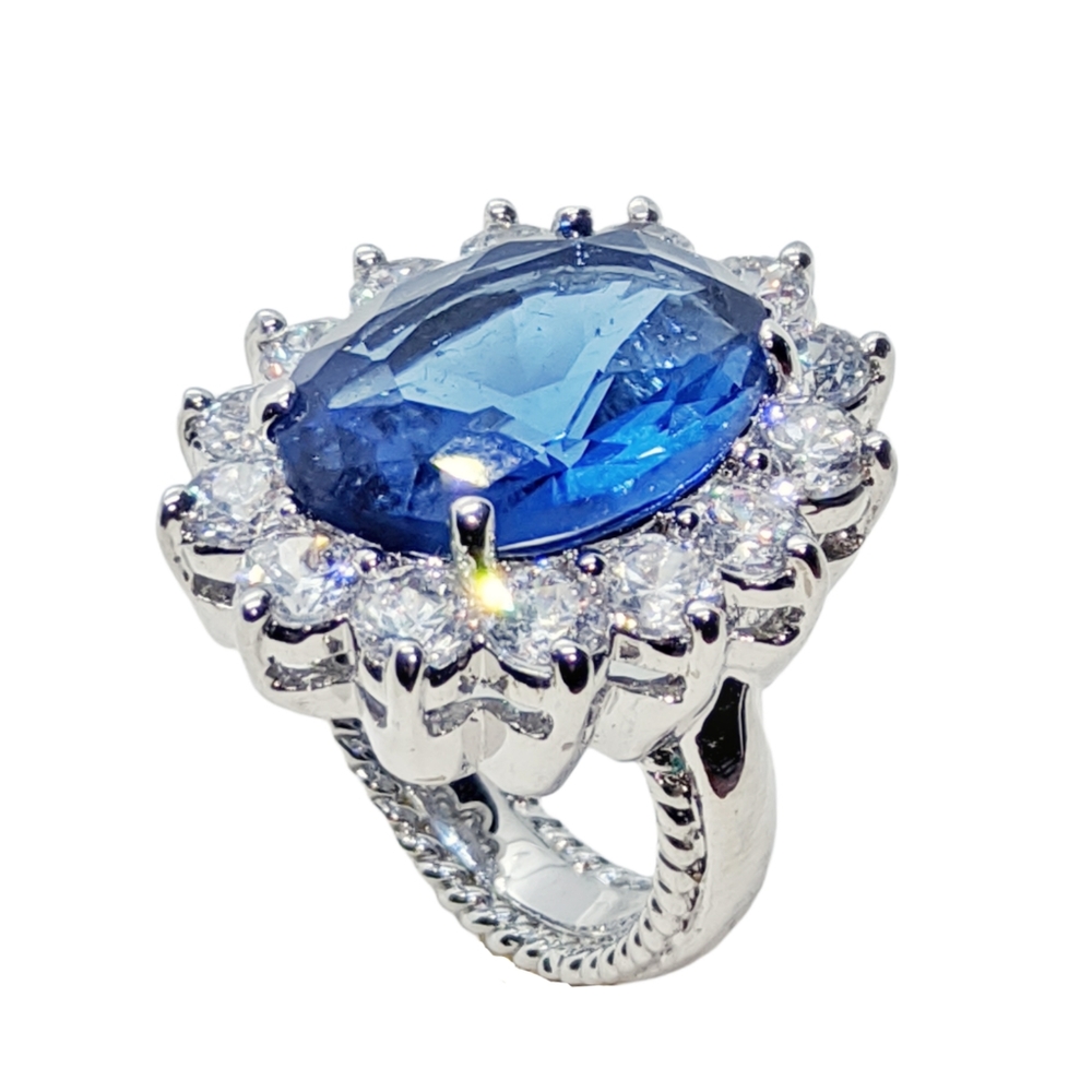 .Statement Silver Ring With Large Blue Cz Stone - image 4
